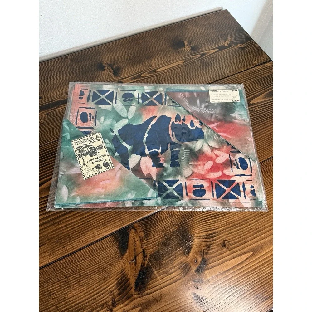 Vintage South African Hand Dyed & Painted‎ Tie Dye Safari Placemat & Napkin Set